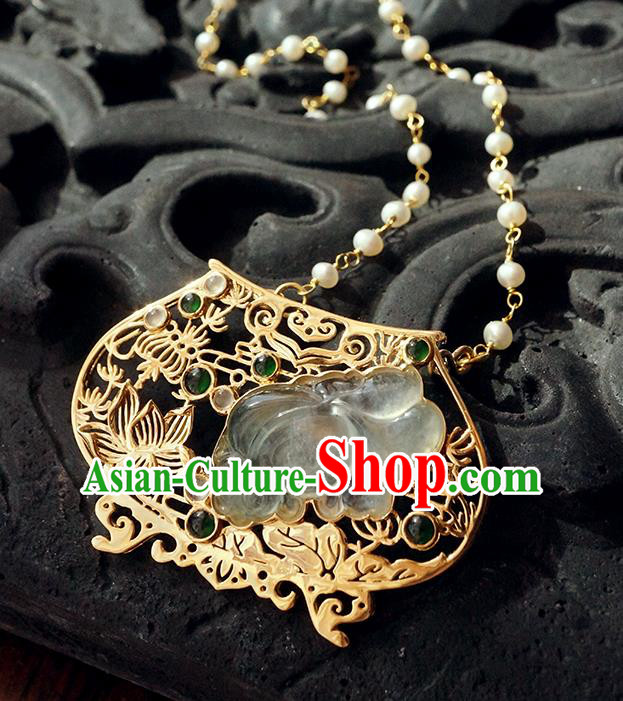 China Classical Qing Dynasty Golden Lotus Brooch Traditional Handmade Court Jade Breastpin