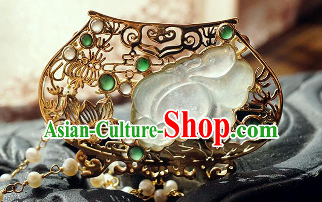 China Classical Qing Dynasty Golden Lotus Brooch Traditional Handmade Court Jade Breastpin
