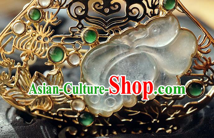 China Classical Qing Dynasty Golden Lotus Brooch Traditional Handmade Court Jade Breastpin