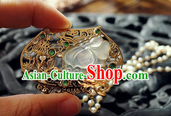 China Classical Qing Dynasty Golden Lotus Brooch Traditional Handmade Court Jade Breastpin