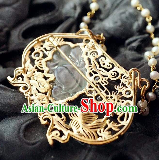 China Classical Qing Dynasty Golden Lotus Brooch Traditional Handmade Court Jade Breastpin