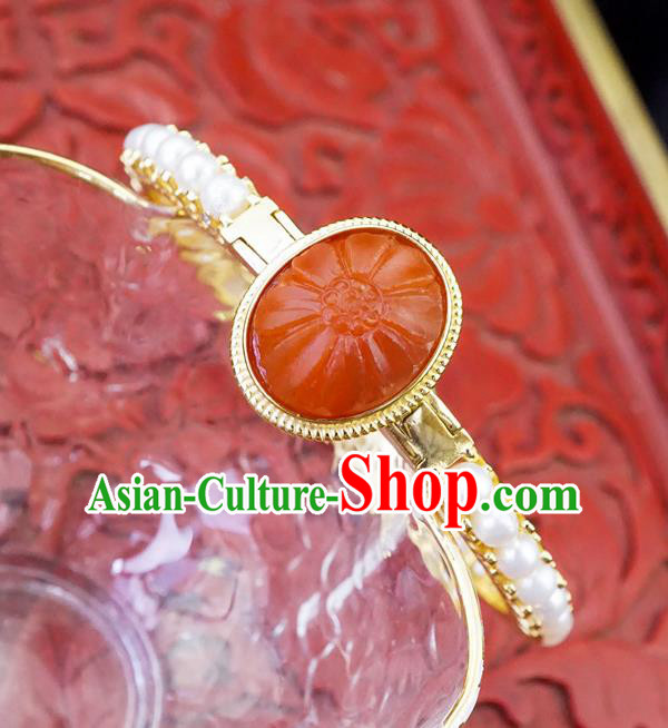 Chinese Traditional Agate Bangle Accessories Ancient Qing Dynasty Court Pearls Bracelet Gems Jewelry