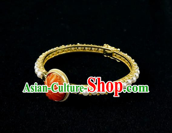 Chinese Traditional Agate Bangle Accessories Ancient Qing Dynasty Court Pearls Bracelet Gems Jewelry