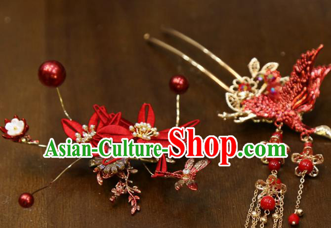 Chinese Classical Hair Accessories Traditional Wedding Red Silk Hairpins Full Set