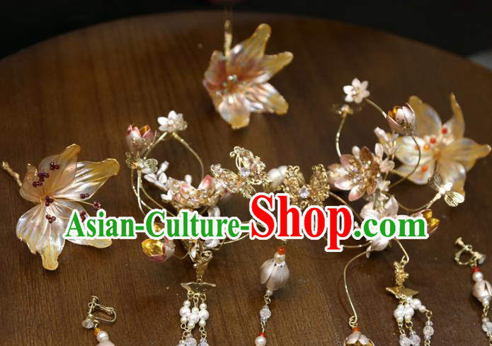 Chinese Classical Tassel Step Shake Hair Accessories Traditional Wedding Champagne Flowers Hairpins Full Set