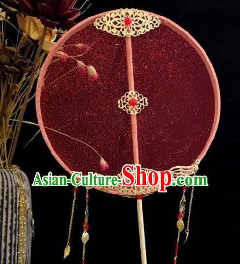 Chinese Traditional Red Silk Palace Fan Wedding Accessories Handmade Tassel Round Fans