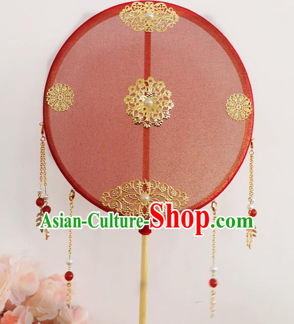 Chinese Traditional Red Silk Palace Fan Wedding Accessories Handmade Tassel Round Fans