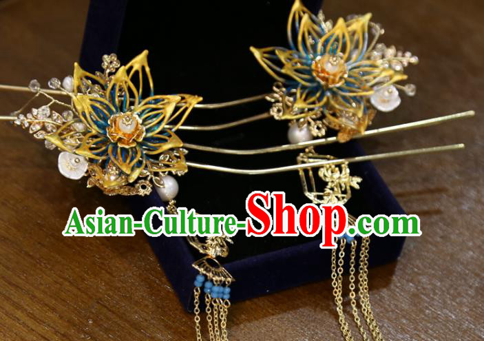 Chinese Classical Tassel Hair Sticks Hair Accessories Traditional Wedding Golden Lotus Hairpins Full Set