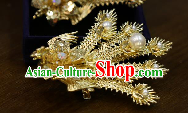 Chinese Classical Golden Phoenix Hair Sticks Hair Accessories Traditional Wedding Hairpins