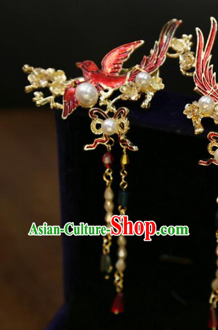 Chinese Classical Golden Hair Sticks Hair Accessories Traditional Wedding Red Bird Tassel Hairpins