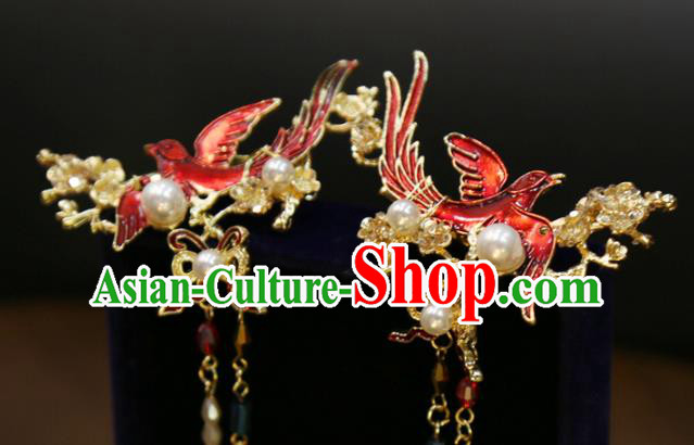 Chinese Classical Golden Hair Sticks Hair Accessories Traditional Wedding Red Bird Tassel Hairpins