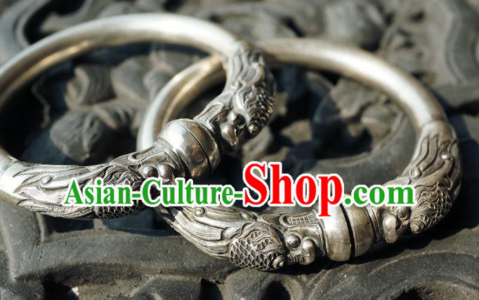 Chinese Traditional Silver Carving Dragon Bangle Accessories Handmade Bracelet Jewelry