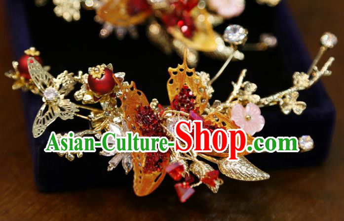 Chinese Classical Red Butterfly Hair Sticks Hair Accessories Traditional Wedding Crystal Hairpins