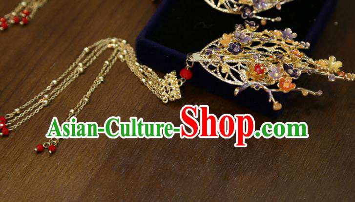 Chinese Classical Golden Tassel Hair Sticks Hair Accessories Traditional Wedding Plum Blossom Hairpins