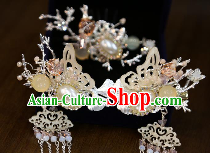 Chinese Classical Pearl Butterfly Hair Sticks Hair Accessories Traditional Wedding Shell Ginkgo Leaf Hairpins