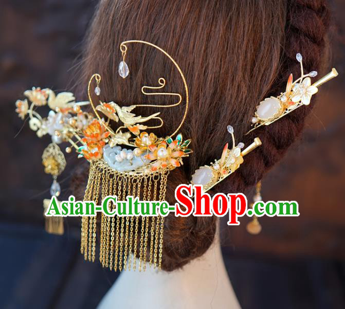 Chinese Wedding Golden Tassel Jade Hair Crown Classical Hair Accessories Traditional Xiuhe Suit Hairpins Full Set