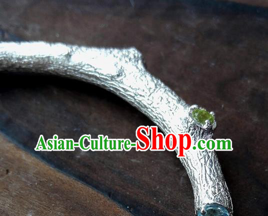 Chinese Traditional Gems Bangle Accessories Handmade Silver Carving Branch Bracelet Jewelry