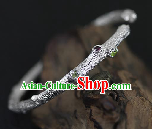 Chinese Traditional Gems Bangle Accessories Handmade Silver Carving Branch Bracelet Jewelry