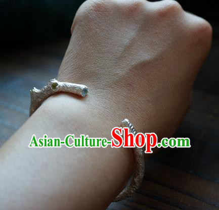 Chinese Traditional Gems Bangle Accessories Handmade Silver Carving Branch Bracelet Jewelry