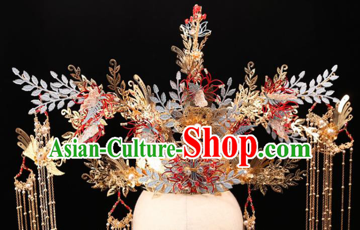 Chinese Wedding Golden Tassel Phoenix Coronet Traditional Xiuhe Suit Hair Crown Bride Hair Accessories Full Set