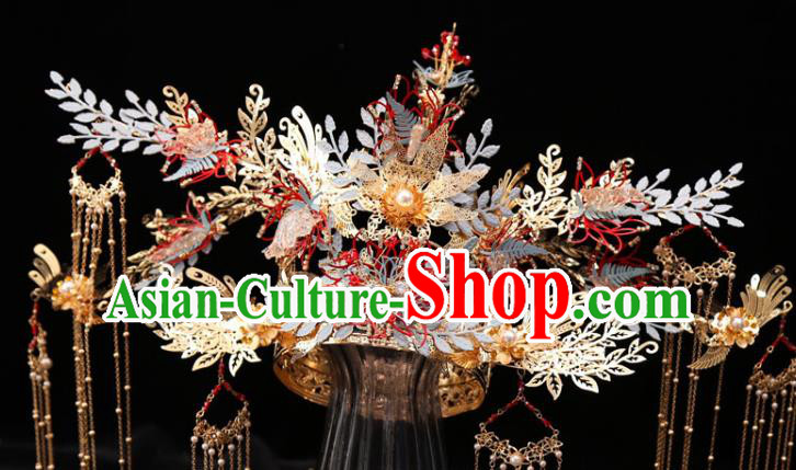 Chinese Wedding Golden Tassel Phoenix Coronet Traditional Xiuhe Suit Hair Crown Bride Hair Accessories Full Set