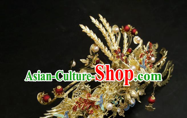 Chinese Wedding Golden Phoenix Hair Crown Traditional Xiuhe Suit Hair Accessories Bride Tassel Hairpins Full Set