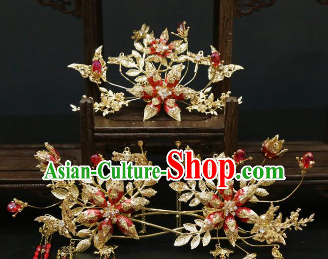 Chinese Xiuhe Suit Classical Hair Accessories Traditional Wedding Golden Hair Comb and Tassel Hairpins