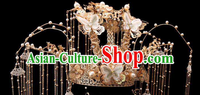 Chinese Xiuhe Suit Hair Accessories Traditional Wedding Bride Hair Crown Lace Butterfly Phoenix Coronet Full Set