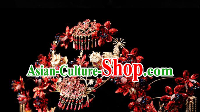 Chinese Wedding Bride Hair Crown Xiuhe Suit Hair Accessories Traditional Red Phoenix Coronet Full Set