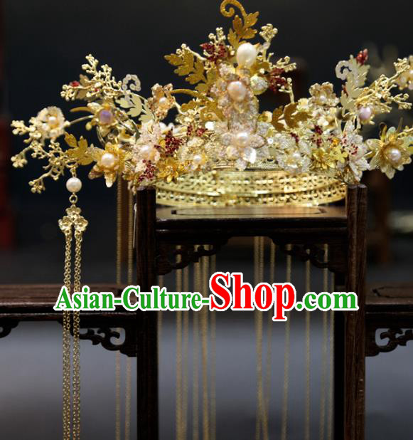 Chinese Bride Golden Hair Crown Xiuhe Suit Hair Accessories Traditional Wedding Phoenix Coronet