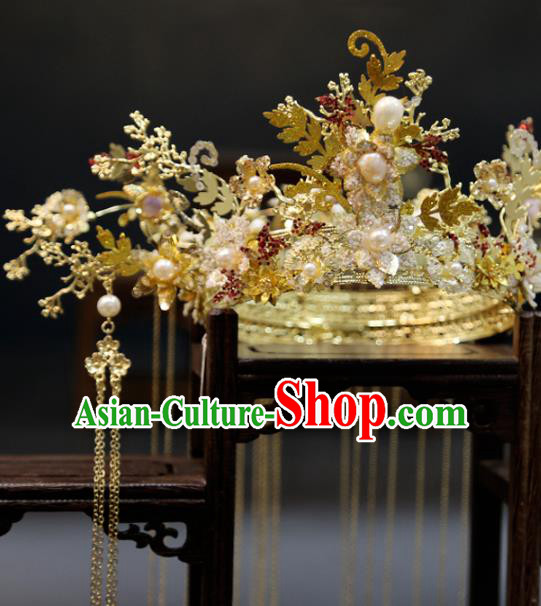 Chinese Bride Golden Hair Crown Xiuhe Suit Hair Accessories Traditional Wedding Phoenix Coronet