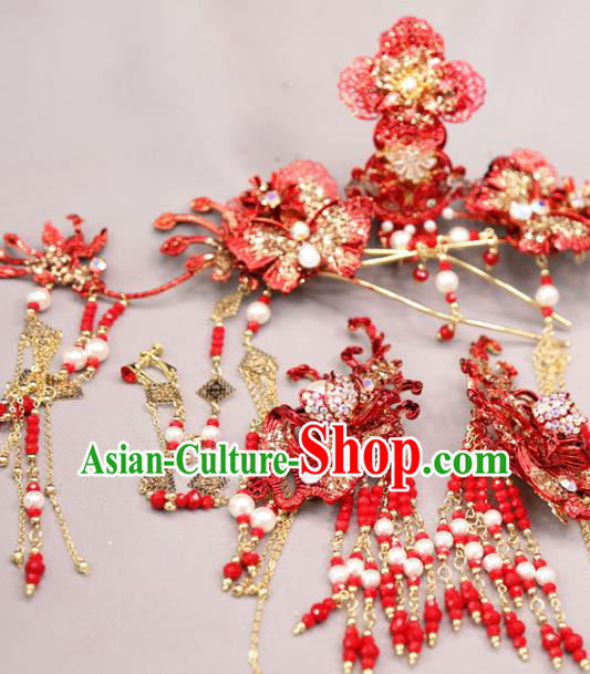 Chinese Bride Xiuhe Suit Hair Accessories Traditional Wedding Red Hair Crown and Phoenix Hairpins Complete Set