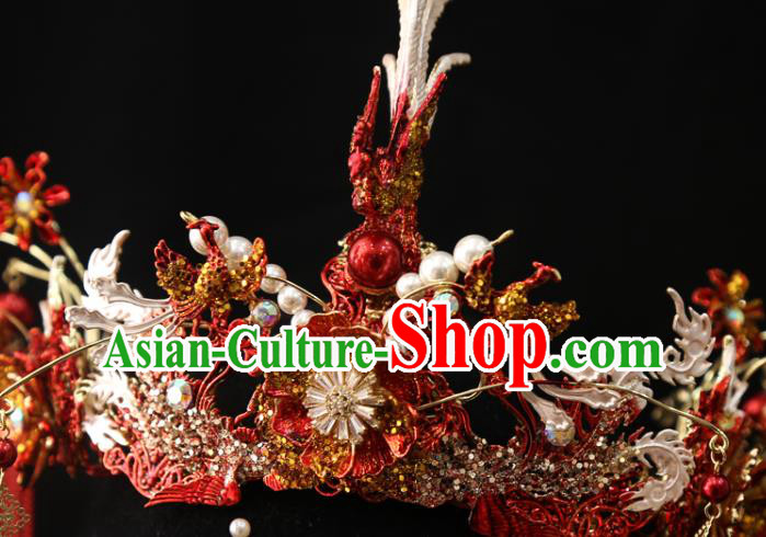 Chinese Traditional Wedding Bride Hair Accessories Xiuhe Suit Red Flower Phoenix Coronet
