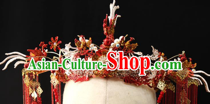 Chinese Traditional Wedding Bride Hair Accessories Xiuhe Suit Red Flower Phoenix Coronet