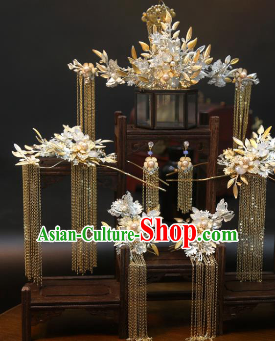 Chinese Xiuhe Suit Headdress Classical Hair Accessories Traditional Wedding Hair Crown and Golden Tassel Hairpins