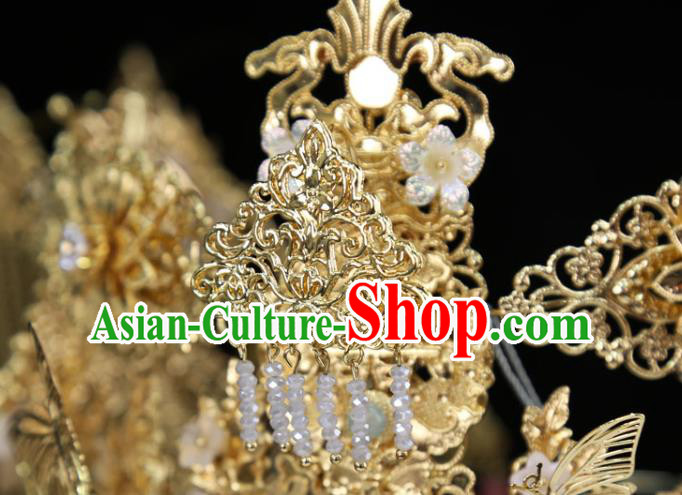 Chinese Traditional Wedding Hair Crown Bride Hair Accessories Xiuhe Suit Golden Phoenix Coronet Complete Set