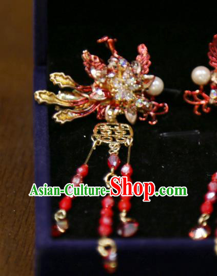 Chinese Wedding Xiuhe Suit Red Beads Tassel Hairpins Traditional Classical Hair Accessories Phoenix Hair Sticks