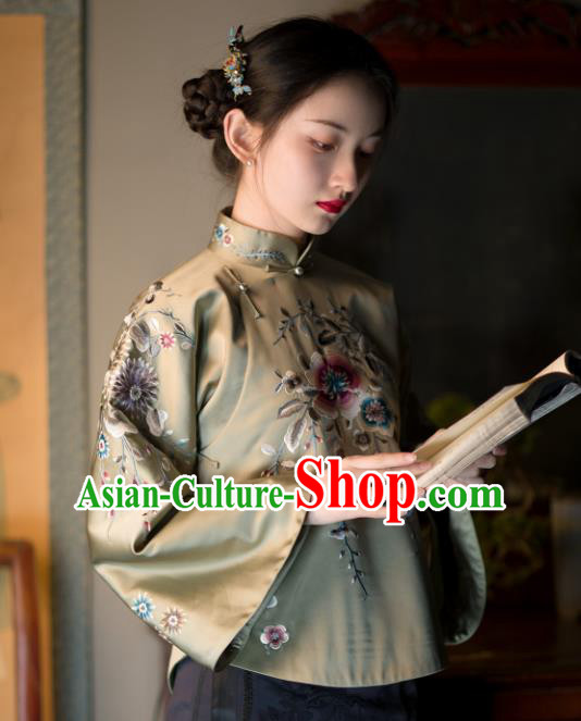 Chinese Traditional Upper Outer Garment Clothing Republic of China Coat Tang Suit Embroidered Green Silk Jacket for Women