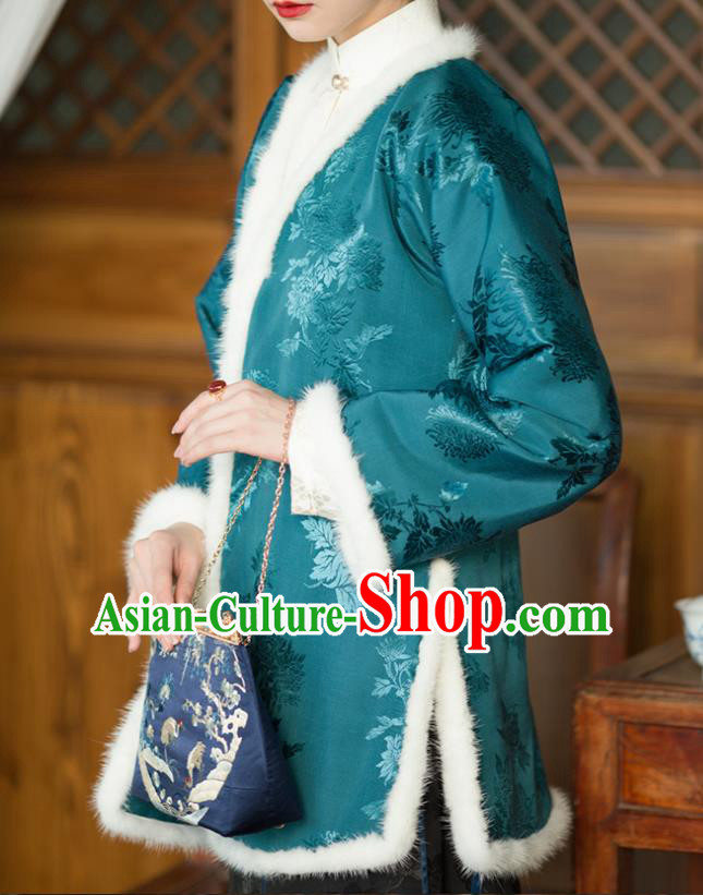 Republic of China Clothing Traditional Upper Outer Garment Blue Silk Coat Chinese Tang Suit Cotton Padded Jacket for Women