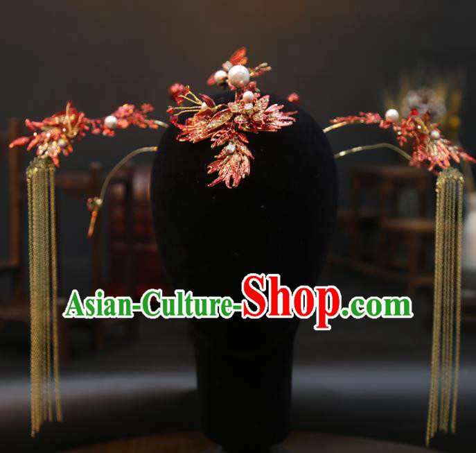 China Handmade Golden Tassel Hair Crown Wedding Hair Jewelry Accessories Traditional Bride Red Phoenix Coronet