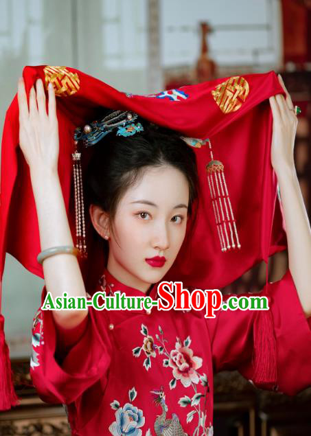 Chinese Handmade Red Bridal Veil Traditional Wedding Embroidered Accessories Classical Headpiece
