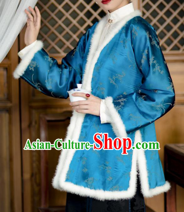 Republic of China Blue Silk Coat Traditional Upper Outer Garment Chinese Tang Suit Cotton Padded Jacket Clothing for Women
