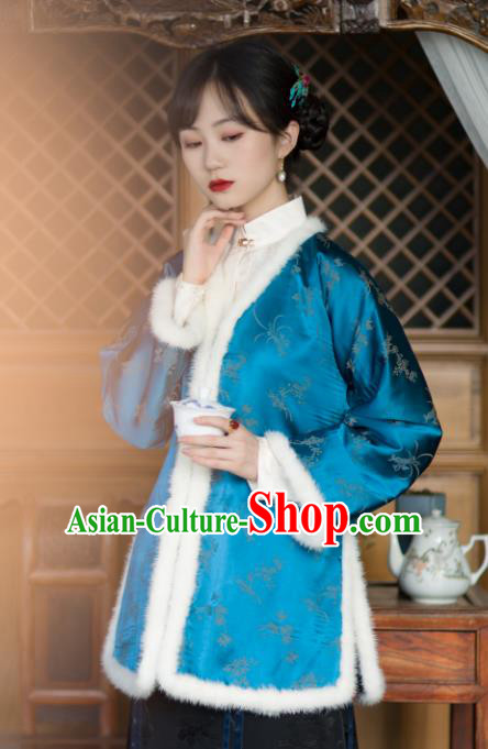 Republic of China Blue Silk Coat Traditional Upper Outer Garment Chinese Tang Suit Cotton Padded Jacket Clothing for Women
