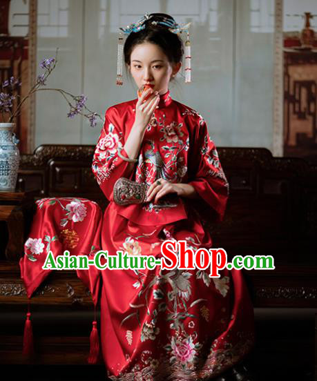 Chinese Traditional Wedding Costumes Xiuhe Suit Bride Embroidered Red Clothing Full Set