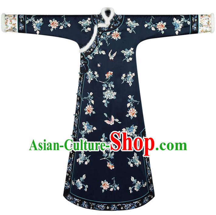 Chinese Traditional Qing Dynasty Costumes Ancient Noble Lady Clothing Winter Embroidered Navy Silk Qipao Dress