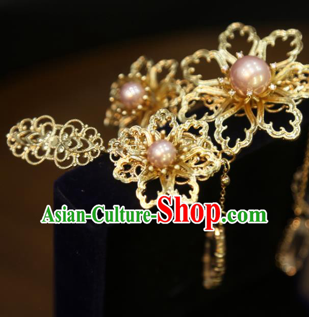 Chinese Wedding Xiuhe Suit Tassel Hairpins Classical Hair Accessories Traditional Golden Flower Hair Sticks