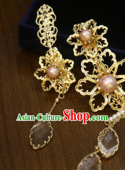Chinese Wedding Xiuhe Suit Tassel Hairpins Classical Hair Accessories Traditional Golden Flower Hair Sticks
