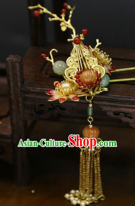Chinese Wedding Jade Pumpkin Hairpins Traditional Classical Hair Accessories Xiuhe Suit Golden Lute Hair Stick