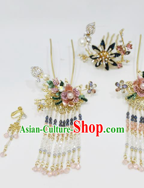 Chinese Wedding Hairpins Traditional Classical Hair Accessories Xiuhe Suit Beads Tassel Hair Sticks