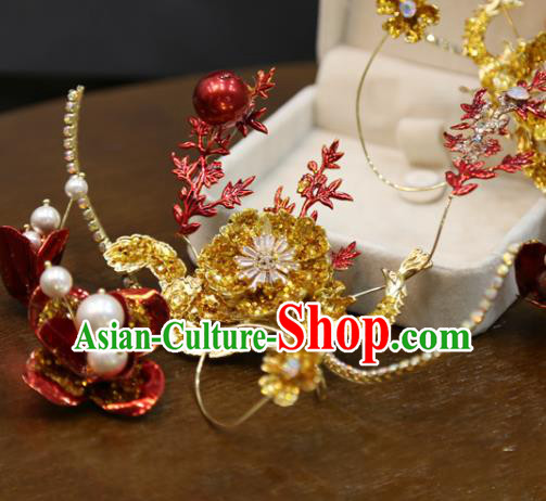 Chinese Xiuhe Suit Red Flower Hairpins Classical Hair Accessories Traditional Wedding Hair Sticks